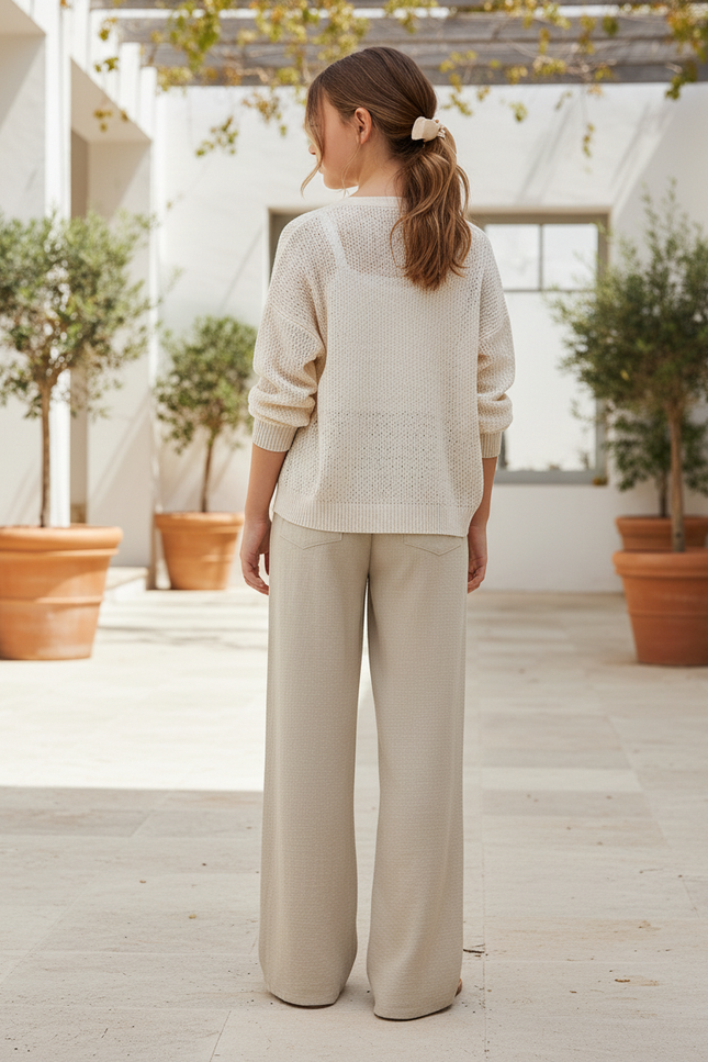 Pantalon En Lin Beige Ample Décontracté Fille Fluide - vue 2