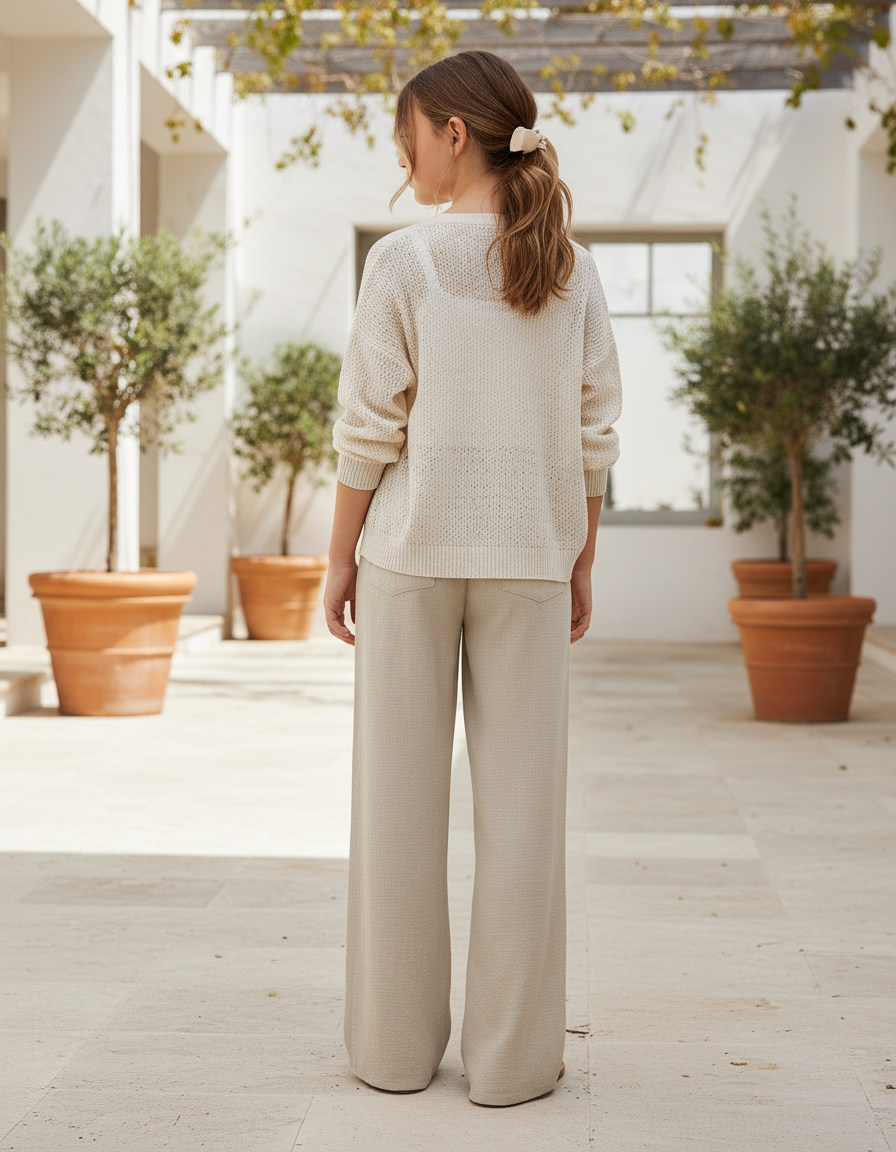 Pantalon En Lin Beige Ample Décontracté Fille Fluide - vue 2