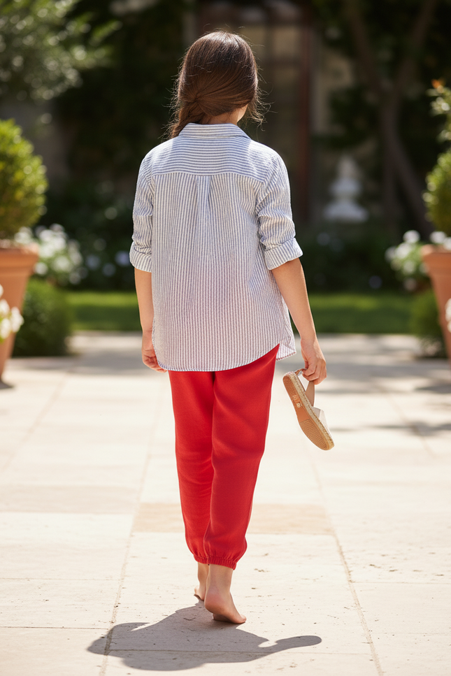 Pantalon En Lin Rouge Enfant Ample Fluide Léger - vue 2