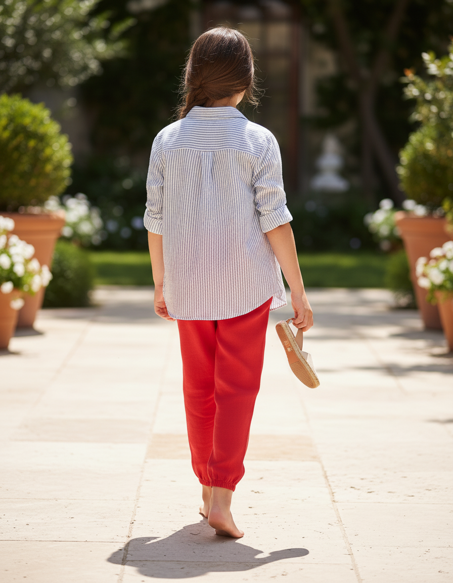 Pantalon En Lin Rouge Enfant Ample Fluide Léger - vue 2
