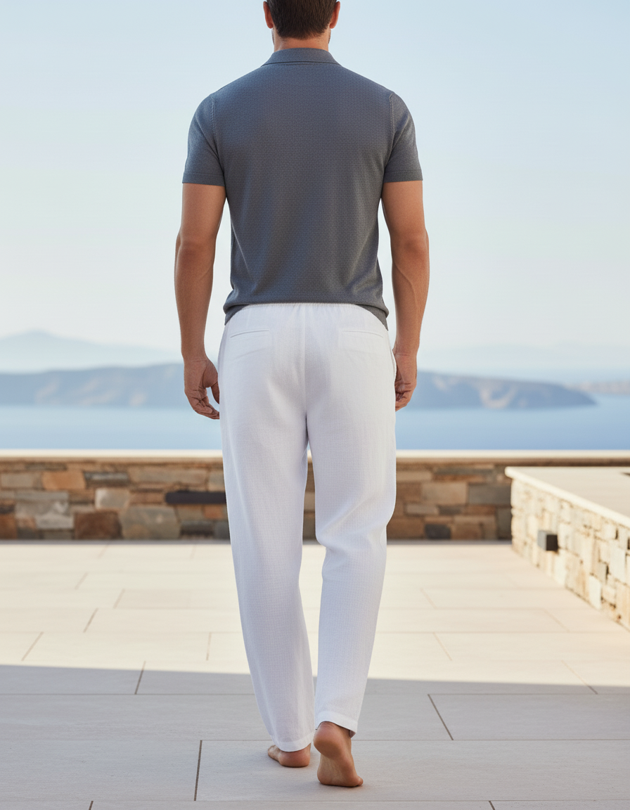 Pantalon En Lin Blanc Homme Ample Cordon Décontracté - vue 2