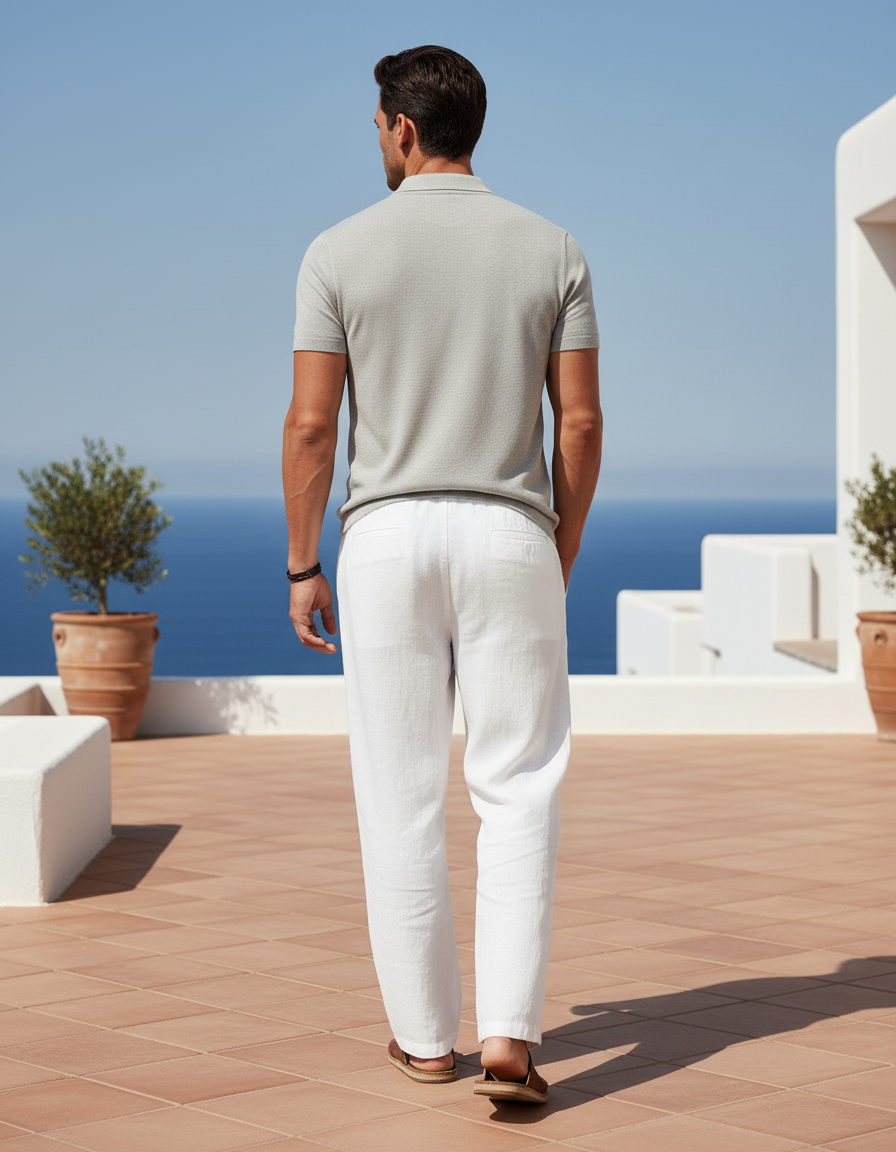 Pantalon En Lin Blanc Homme Ample Décontracté Plage - vue 2