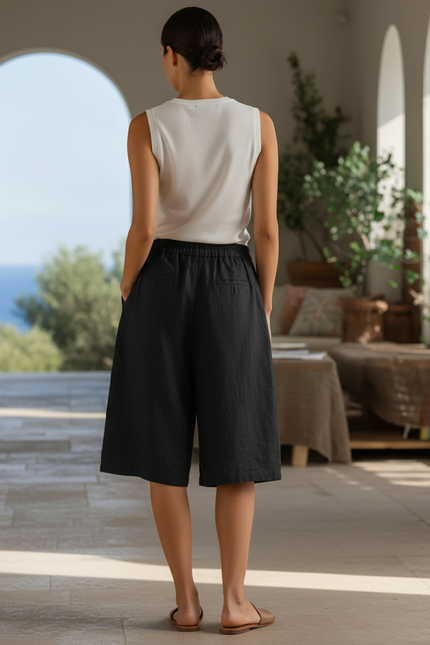 Pantalon En Lin Noir Ample Décontracté Court Femme - vue 2