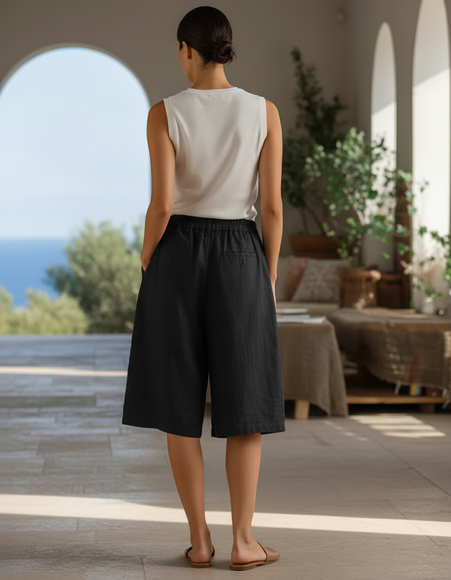 Pantalon En Lin Noir Ample Décontracté Court Femme - vue 2
