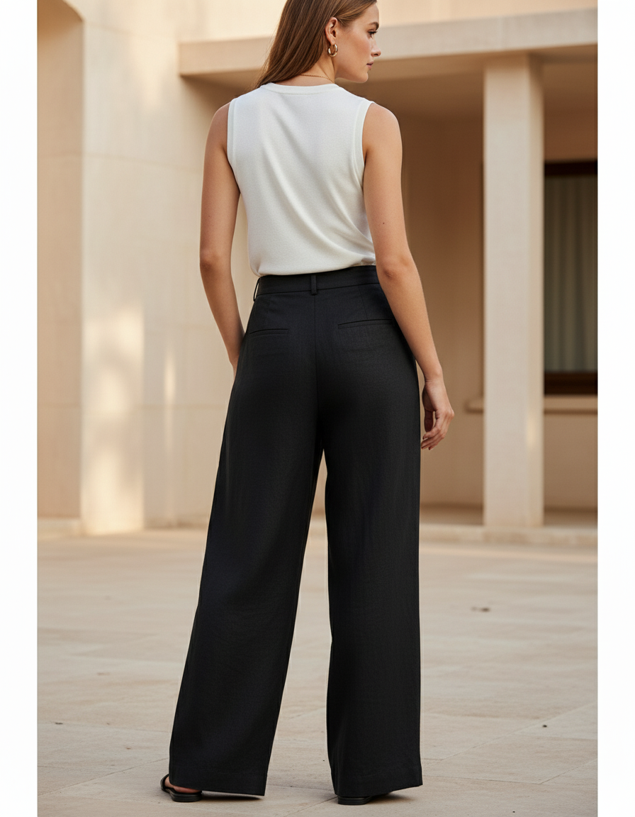 Pantalon En Lin Noir Ample Plissé Taille Haute Fluide - vue 2