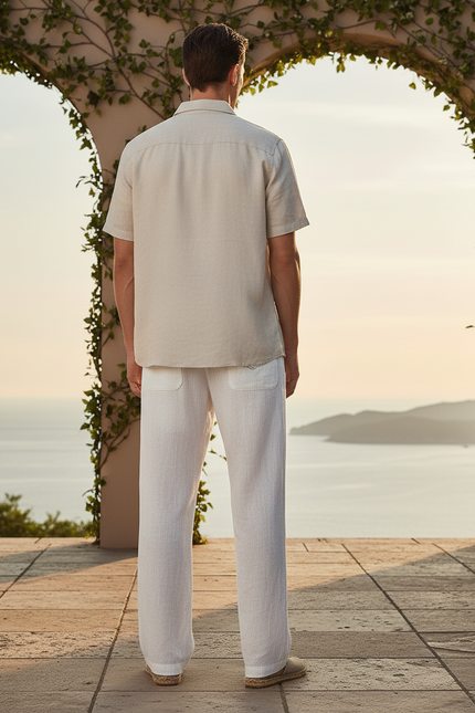 Pantalon En Lin Blanc Droit Décontracté Cordon Homme - vue 2