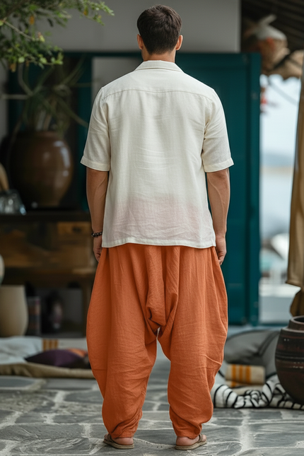 Pantalon En Lin Ample Décontracté Homme Cordon De Serrage - Orange - vue 2