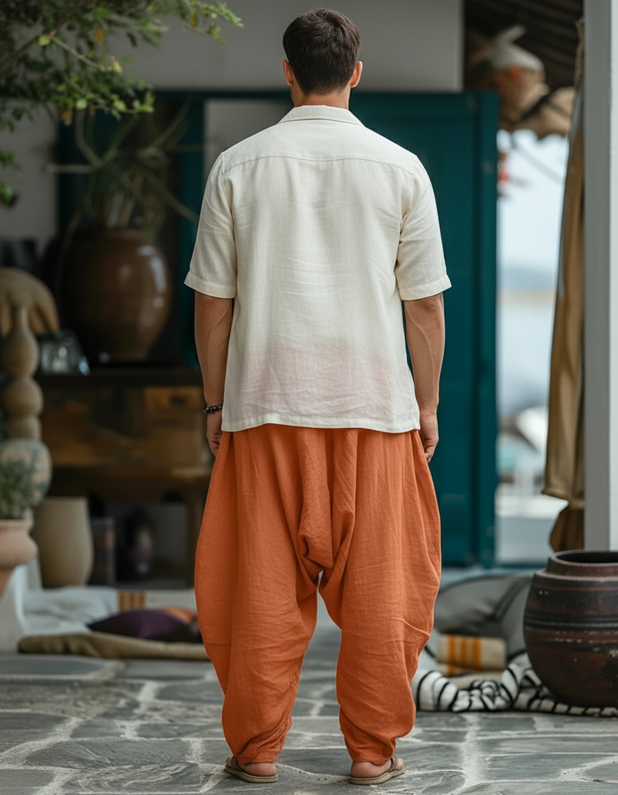 Pantalon En Lin Ample Décontracté Homme Cordon De Serrage - Orange - vue 2