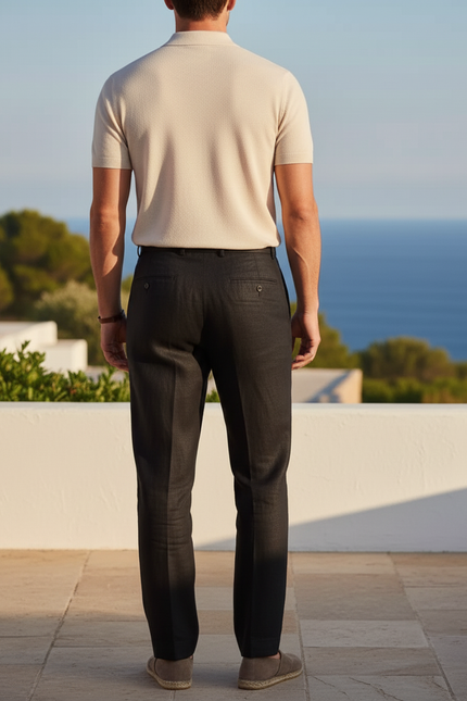 Pantalon En Lin Noir Plissé Élégant Droit Homme - vue 2
