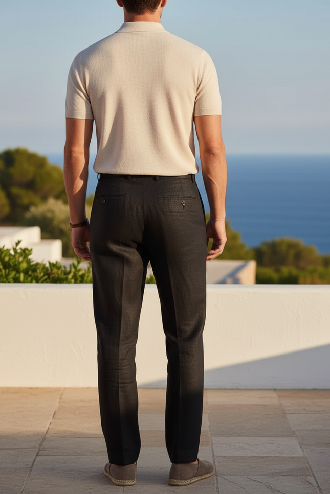 Pantalon En Lin Noir Plissé Élégant Droit Homme - vue 2