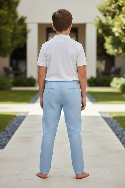Pantalon En Lin Bleu Ciel Décontracté Cordon Enfant - vue 2