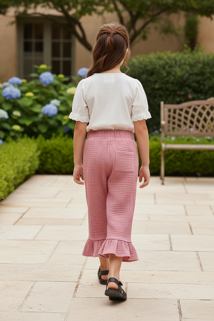 Pantalon En Lin Rose Plissé Volants Ample Fille - vue 2