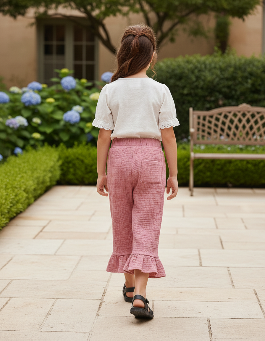 Pantalon En Lin Rose Plissé Volants Ample Fille - vue 2