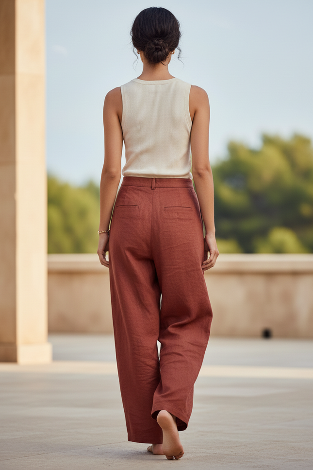 Pantalon En Lin Terre Cuite Ample Plissé Décontracté Femme - Rouge - vue 2