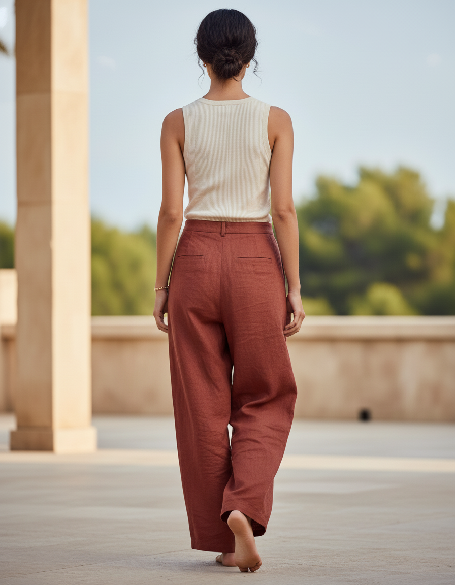 Pantalon En Lin Terre Cuite Ample Plissé Décontracté Femme - Rouge - vue 2