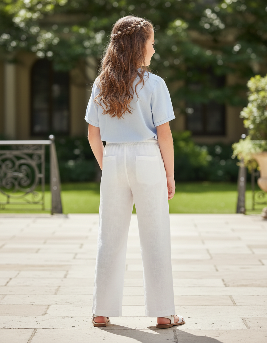 Pantalon En Lin Blanc Ample Décontracté Fille Cordon - vue 2