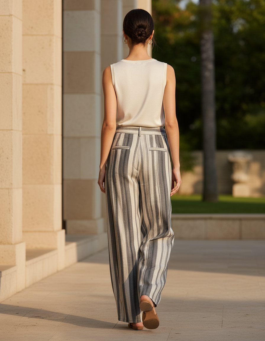 Pantalon En Lin Rayé Ample Fluide Estival - Multicolore - vue 2