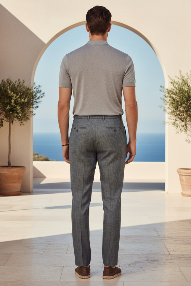 Pantalon En Lin Gris Élégant Ajusté Plissé Homme - vue 2