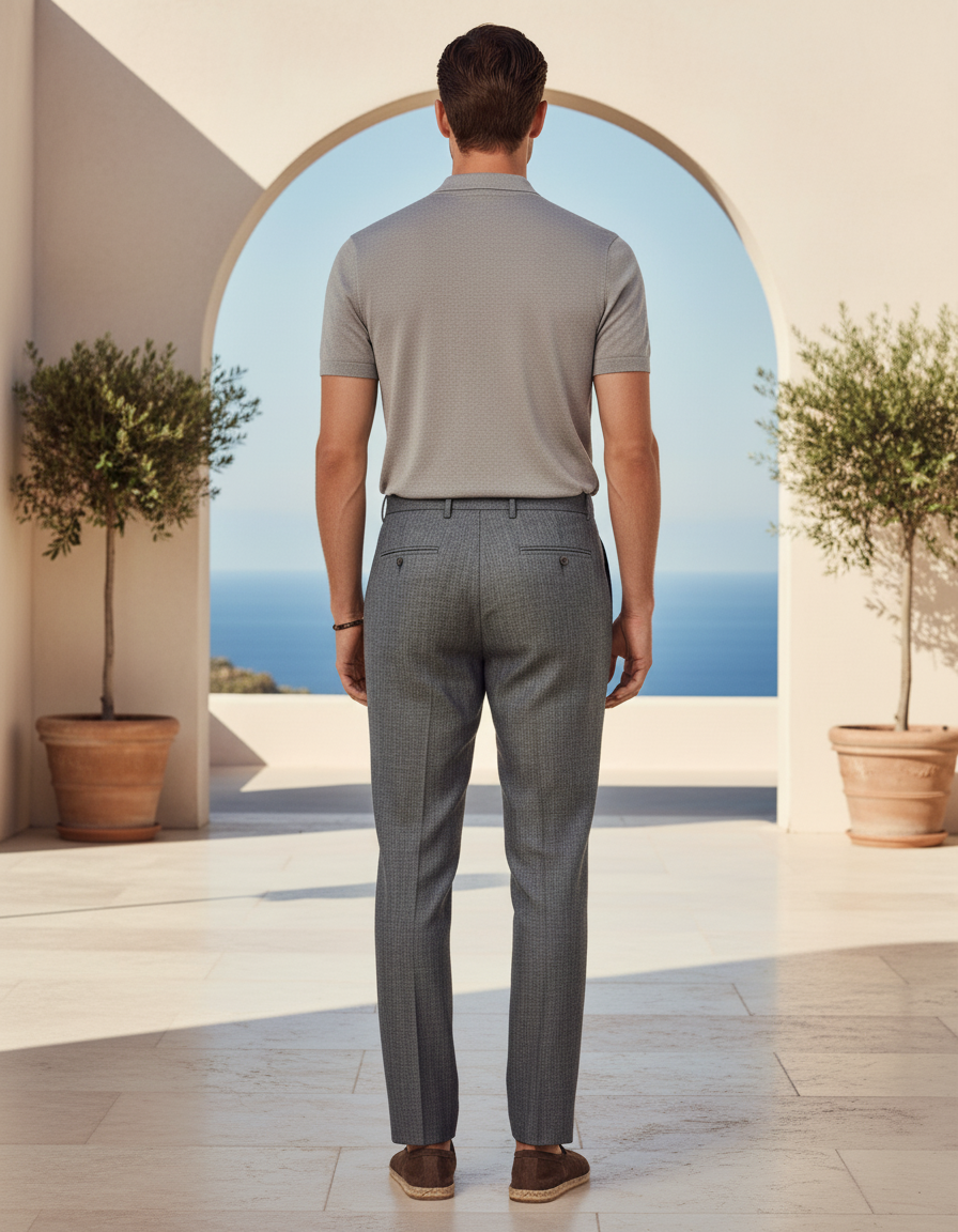 Pantalon En Lin Gris Élégant Ajusté Plissé Homme - vue 2