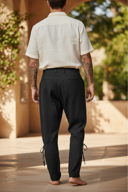 Pantalon En Lin Noir Ample Lacets Médiéval Homme - vue 2