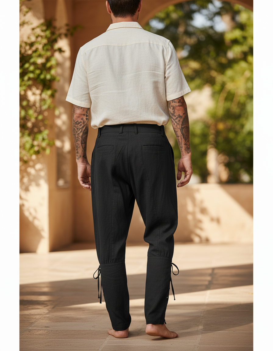 Pantalon En Lin Noir Ample Lacets Médiéval Homme - vue 2