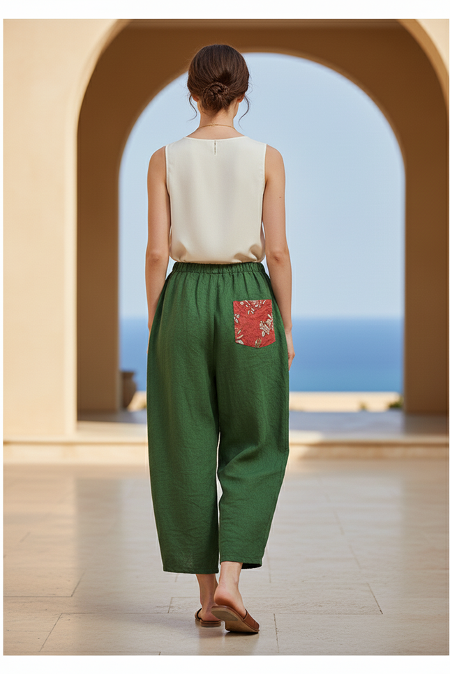 Pantalon En Lin Vert Ample Motif Floral Décontracté - vue 2