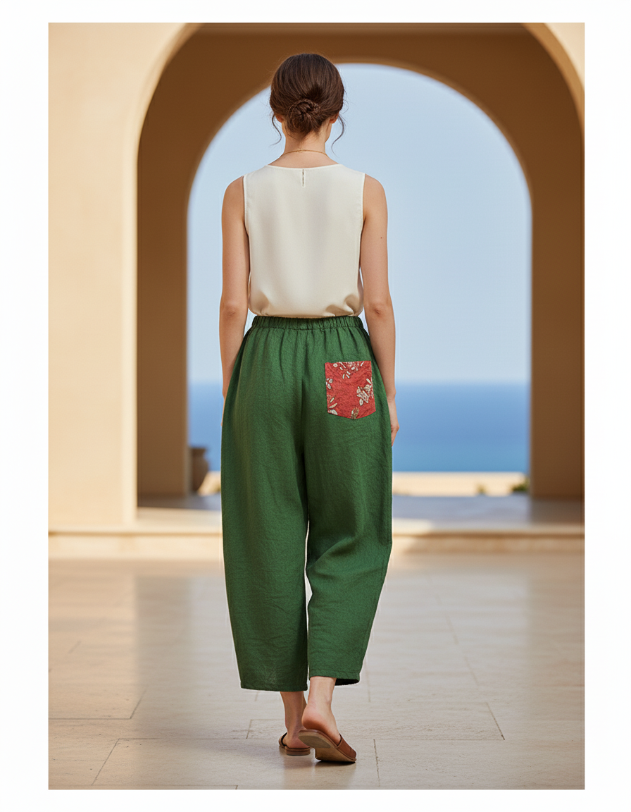 Pantalon En Lin Vert Ample Motif Floral Décontracté - vue 2