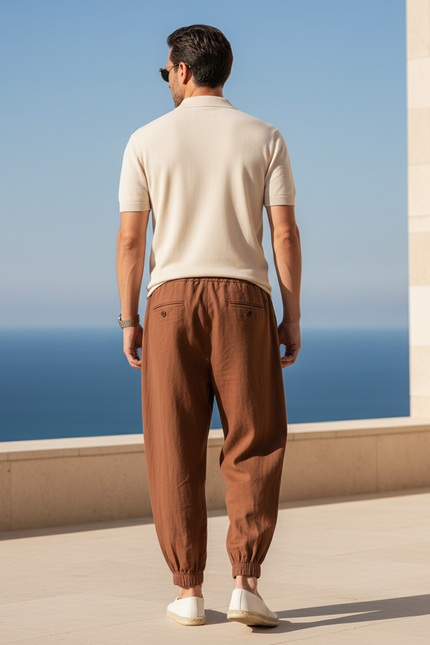 Pantalon En Lin Marron Ample Plissé Harem Homme - vue 2