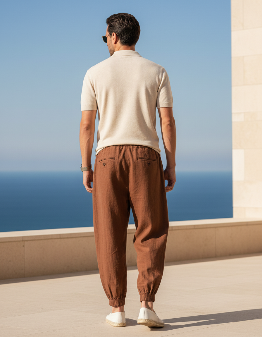 Pantalon En Lin Marron Ample Plissé Harem Homme - vue 2