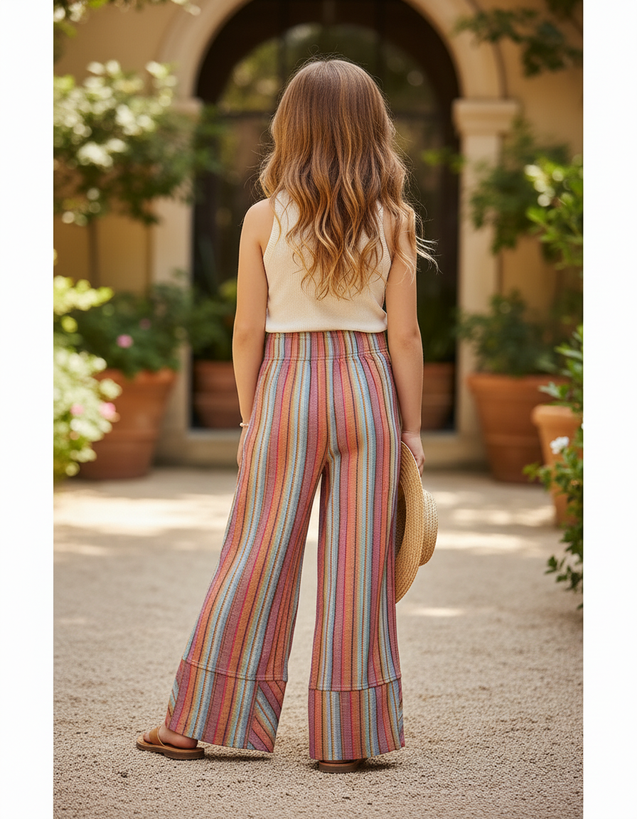 Pantalon En Lin Rayé Ample Fluide Multicolore Enfant - vue 2