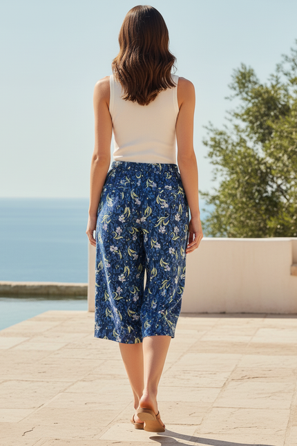 Pantalon En Lin Fleuri Bleu Fluide Estival Ample - vue 2