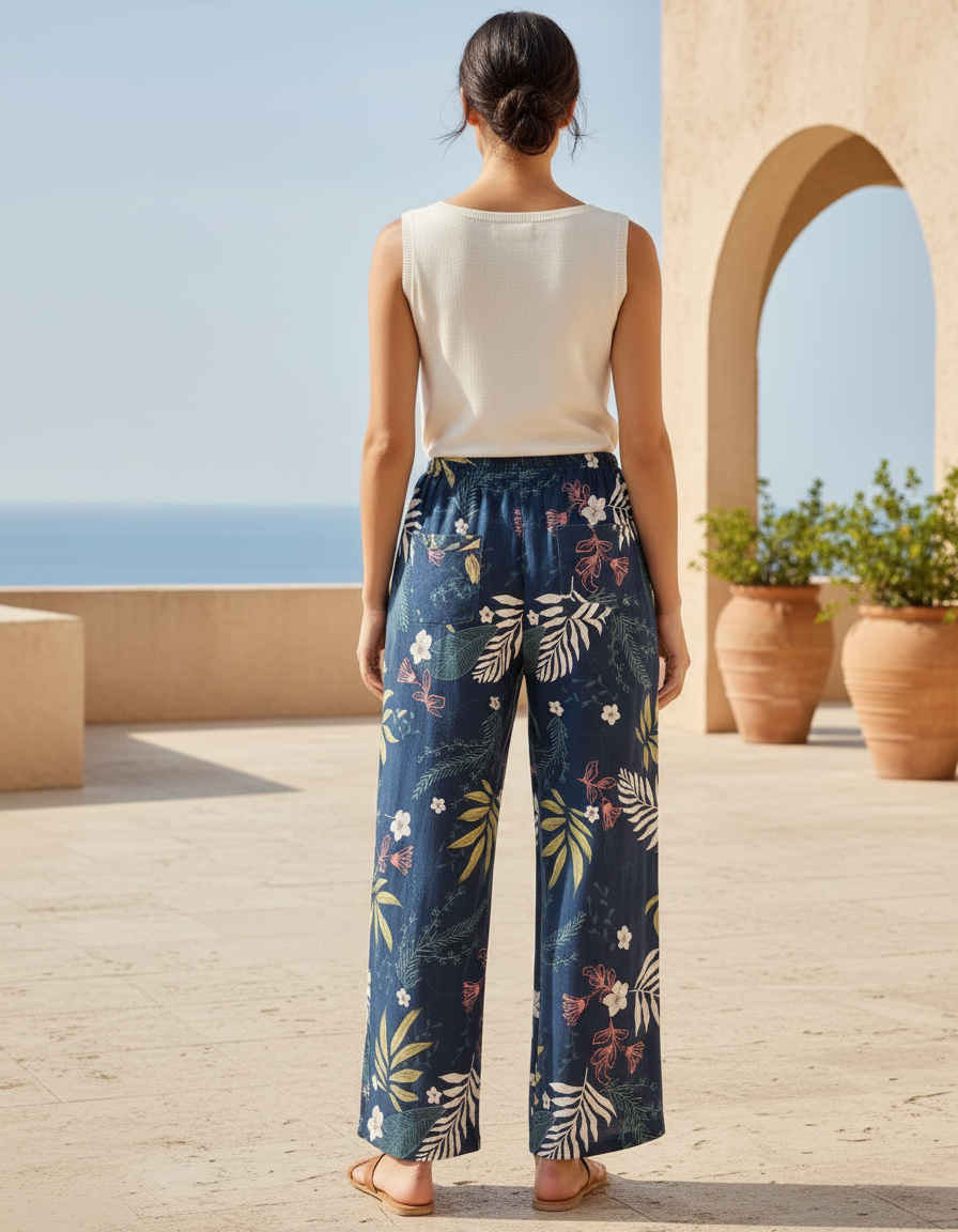 Pantalon En Lin Fleuri Ample Fluide Estival Bleu Marine - vue 2