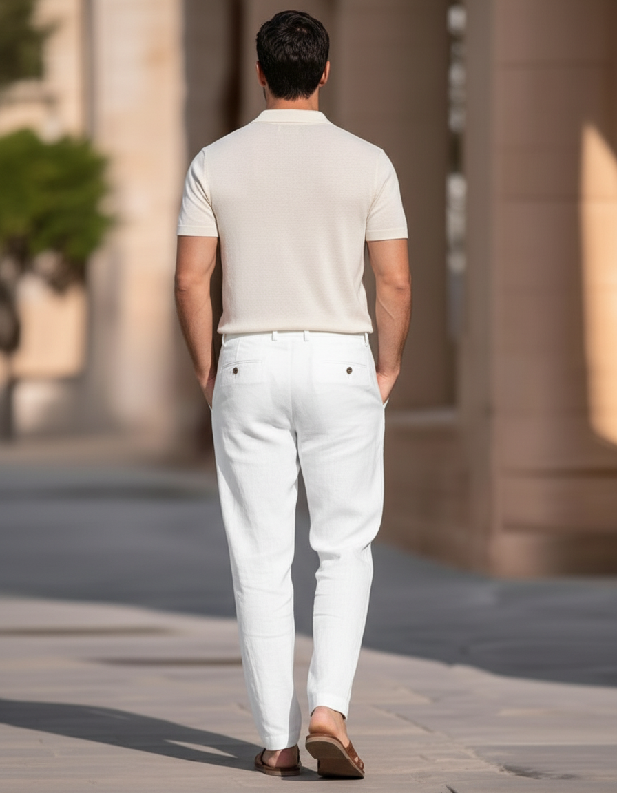 Pantalon En Lin Blanc Plissé Décontracté Homme - vue 2