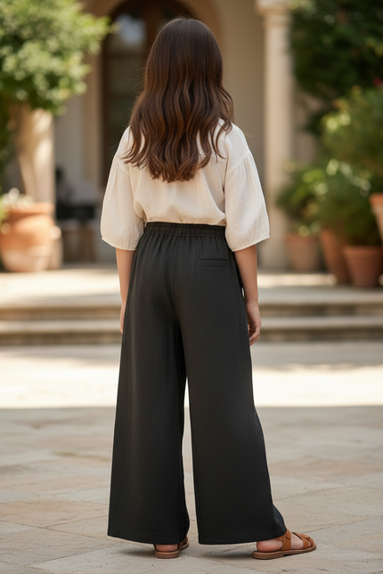Pantalon En Lin Noir Ample Élastiqué Décontracté Fluide - vue 2