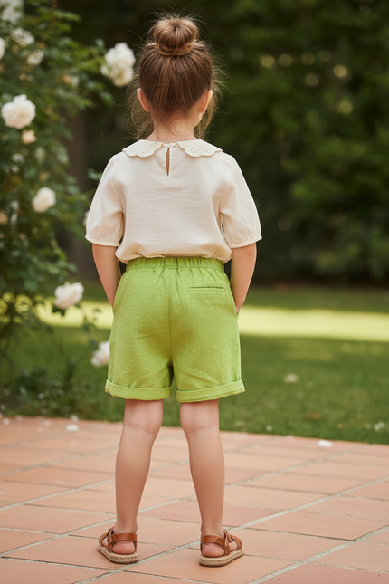 Pantalon En Lin Vert Citron Court Décontracté Fille - vue 2