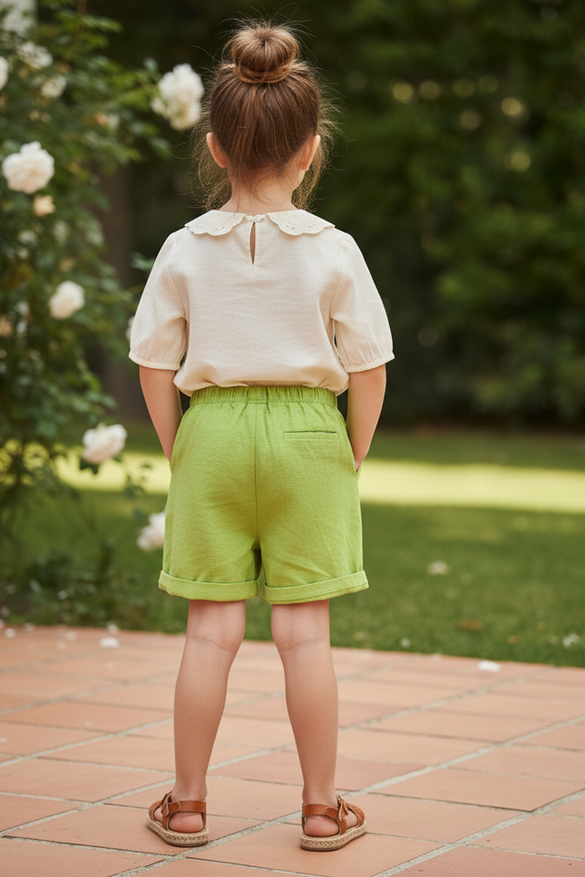 Pantalon En Lin Vert Citron Court Décontracté Fille - vue 2