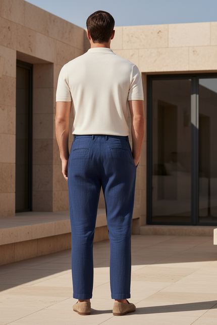 Pantalon En Lin Bleu Plissé Décontracté Cordon Homme - vue 2
