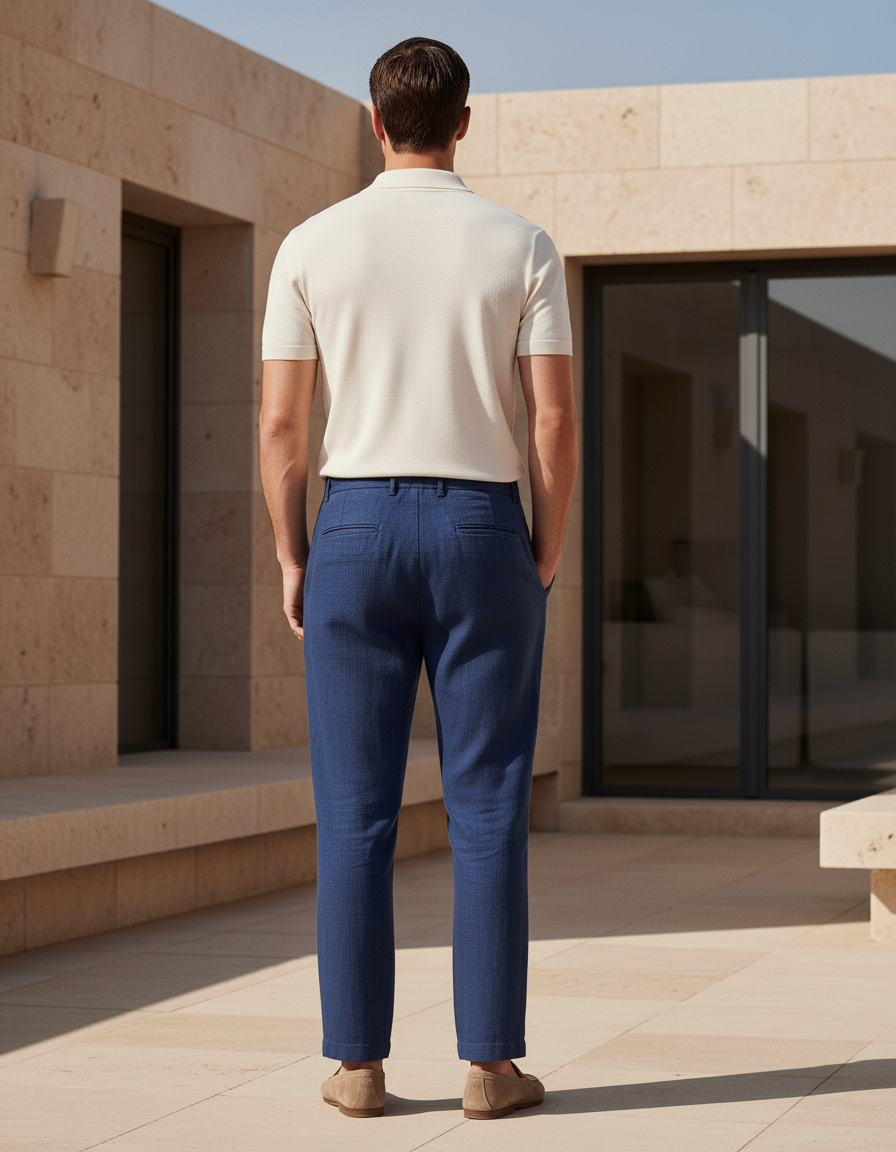 Pantalon En Lin Bleu Plissé Décontracté Cordon Homme - vue 2