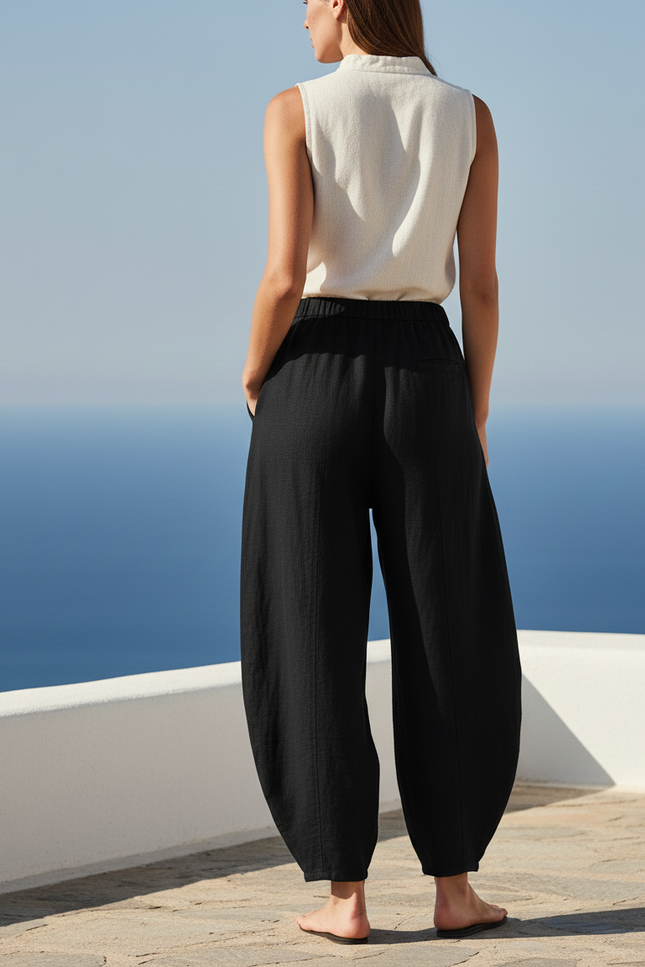 Pantalon En Lin Noir Ample Fluide Confortable Femme - vue 2