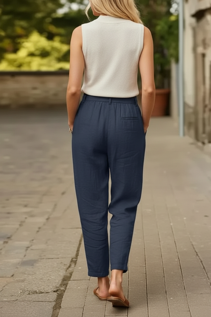 Pantalon En Lin Bleu Marine Ample Taille Haute Décontracté - vue 2
