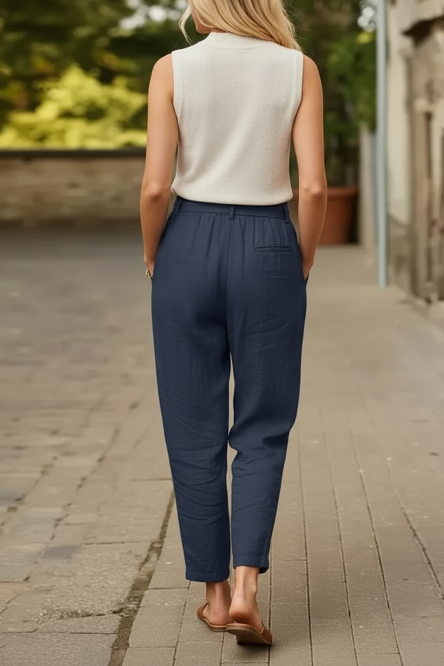 Pantalon En Lin Bleu Marine Ample Taille Haute Décontracté - vue 2