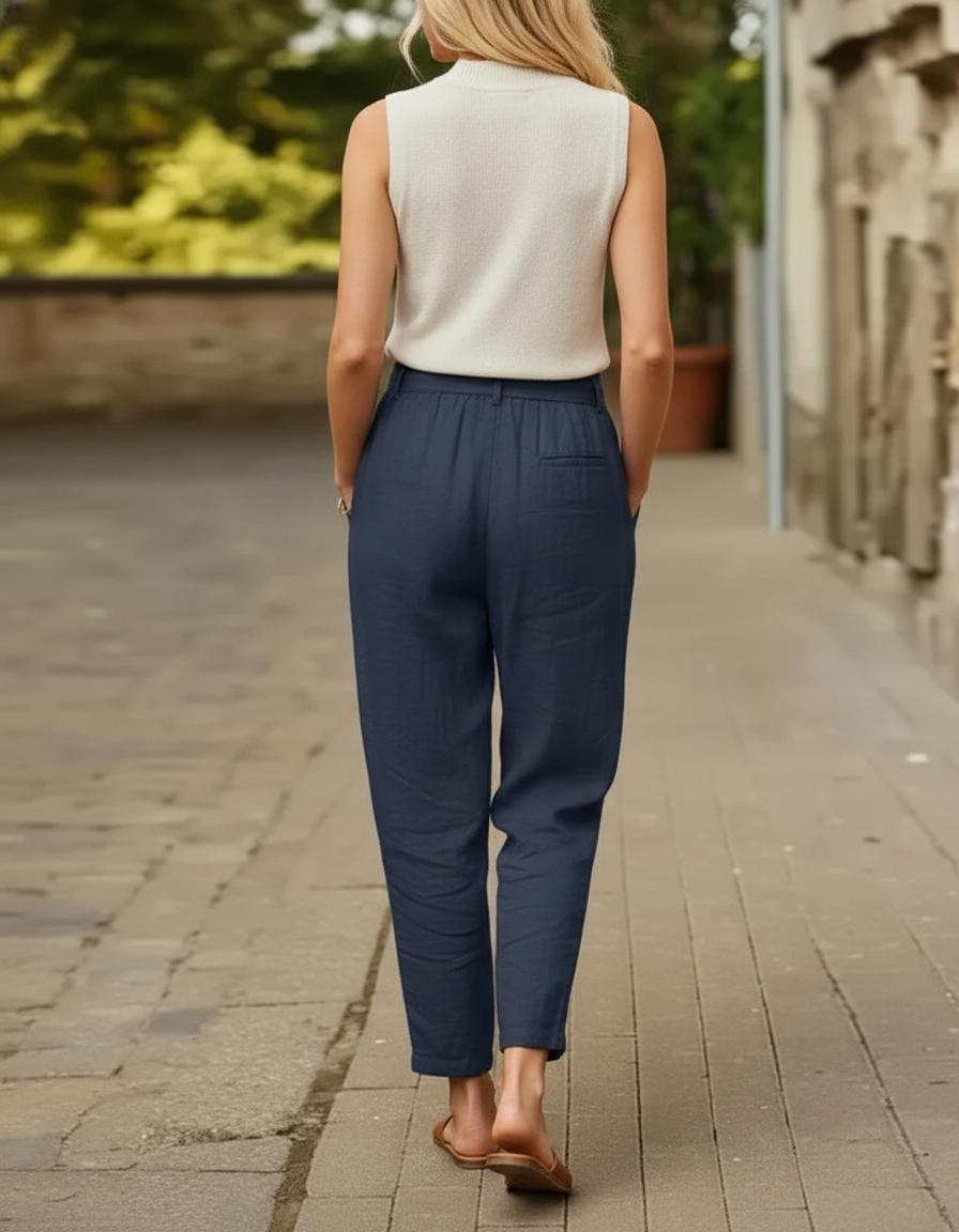 Pantalon En Lin Bleu Marine Ample Taille Haute Décontracté - vue 2