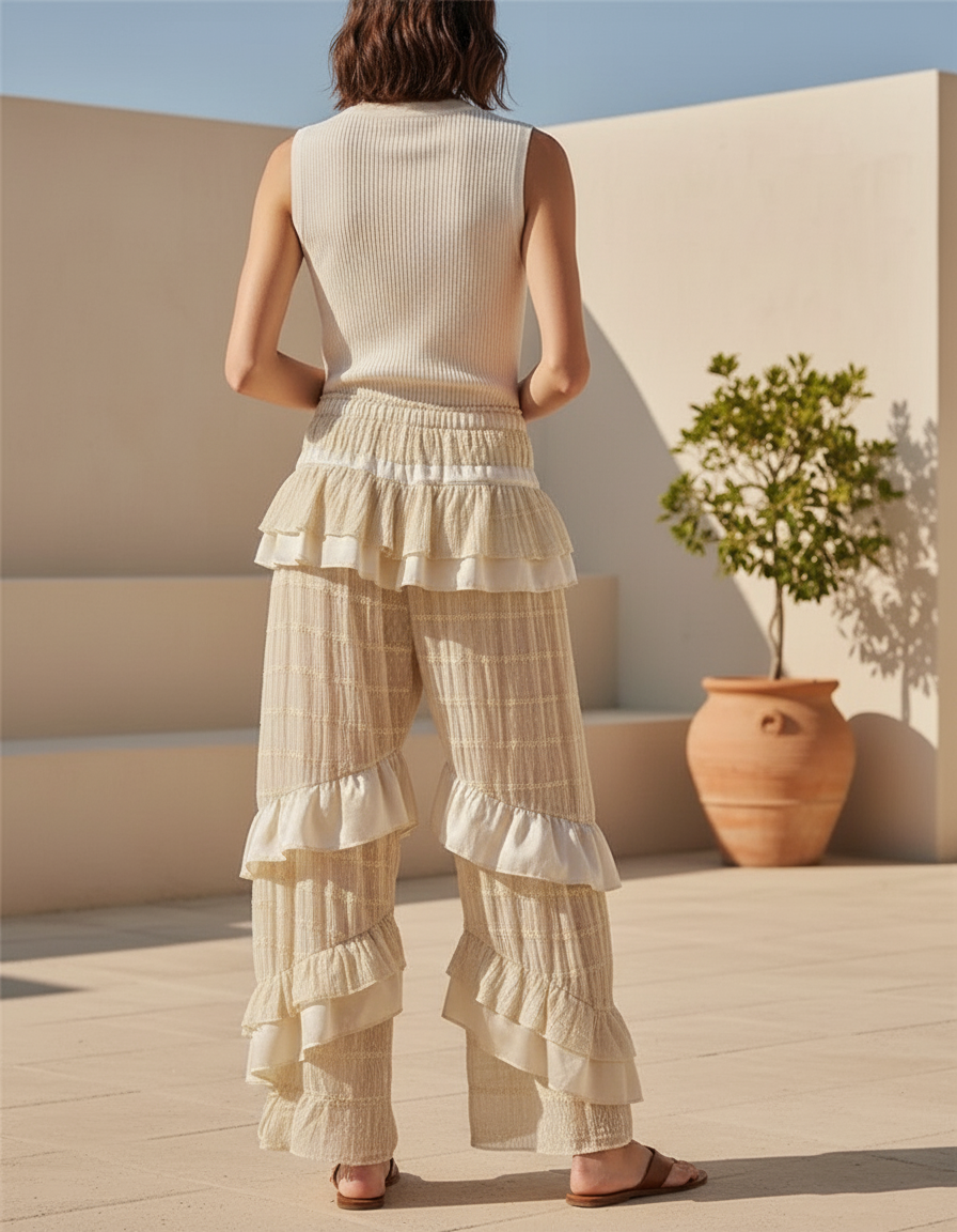Pantalon En Lin Écru Volants Ample Bohème Femme - Beige - vue 2