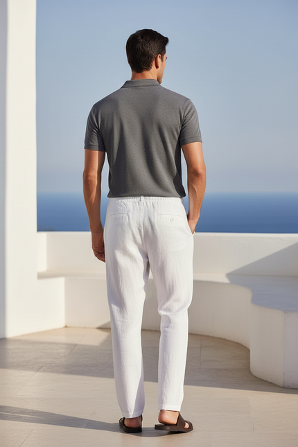 Pantalon En Lin Blanc Décontracté Homme Cordon Léger - vue 2