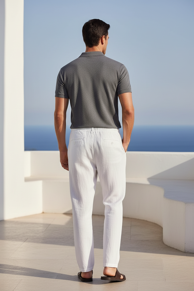 Pantalon En Lin Blanc Décontracté Homme Cordon Léger - vue 2