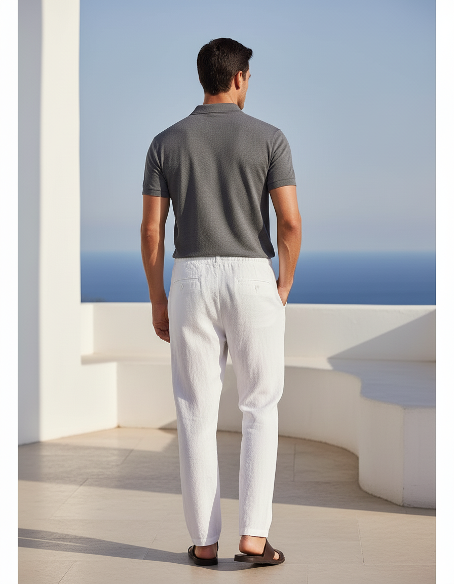 Pantalon En Lin Blanc Décontracté Homme Cordon Léger - vue 2