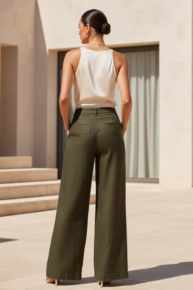 Pantalon En Lin Kaki Ample Plissé Élégant Femme - vue 2