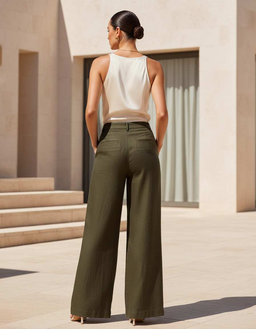 Pantalon En Lin Kaki Ample Plissé Élégant Femme - vue 2