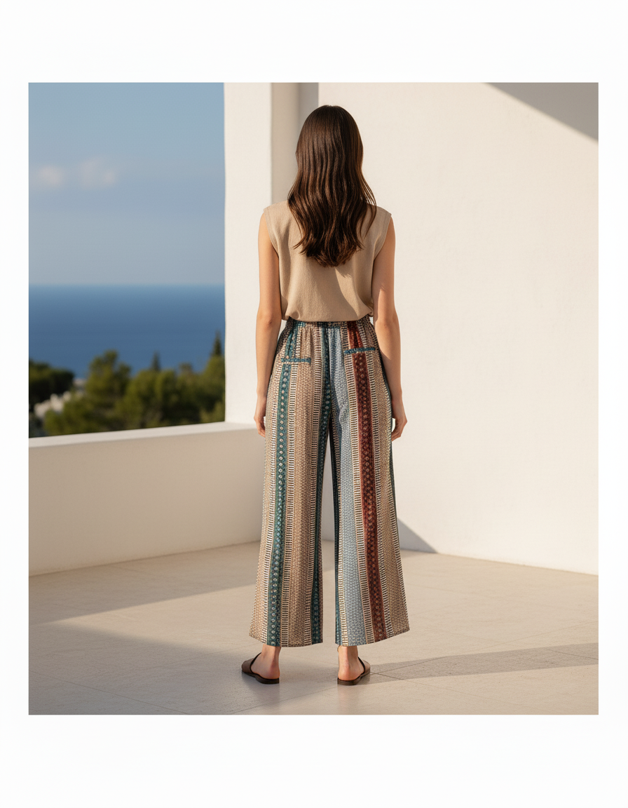 Pantalon En Lin Imprimé Ethnique Ample Fluide Estival - Multicolore - vue 2