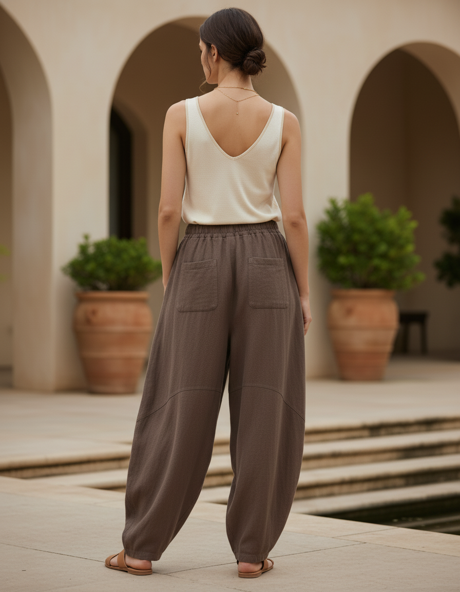 Pantalon En Lin Marron Ample Fluide Confortable Femme - vue 2